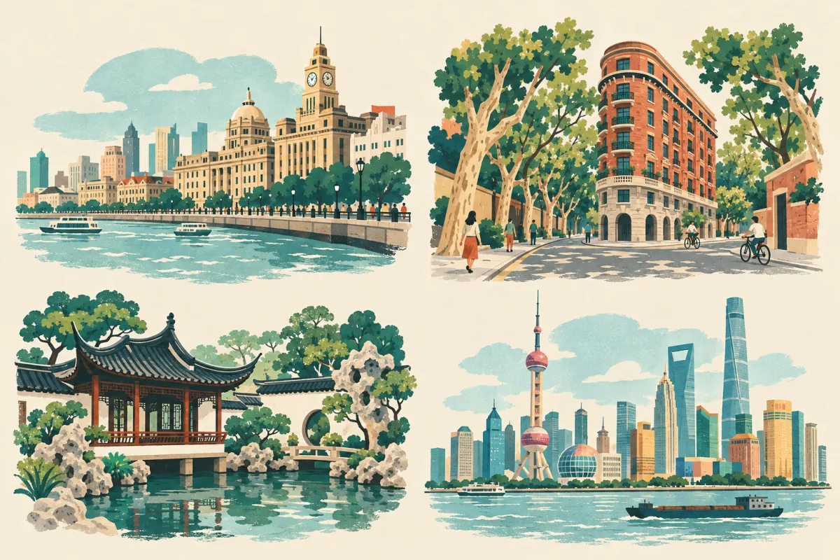 An illustrated Shanghai collage with the Bund, a leafy Wukang Road street, a classical Chinese garden and the Lujiazui skyline