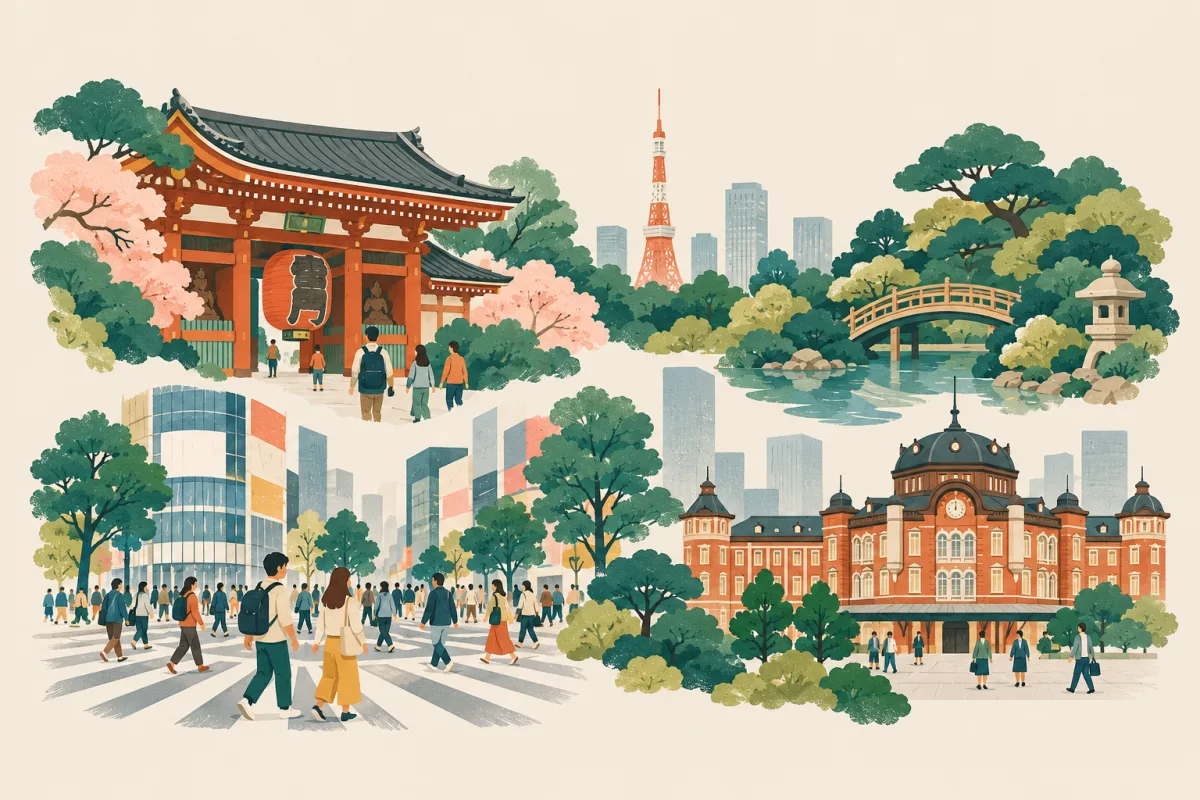 An illustrated Tokyo collage with temple streets, a pedestrian crossing, a leafy garden and the red-brick station